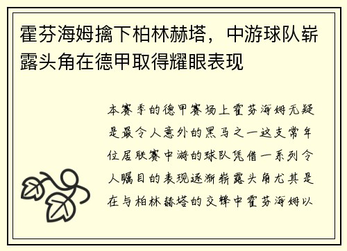 霍芬海姆擒下柏林赫塔，中游球队崭露头角在德甲取得耀眼表现