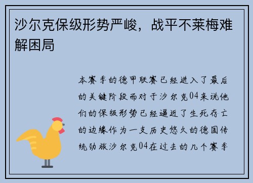 沙尔克保级形势严峻，战平不莱梅难解困局